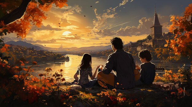 Hintergrund einer glücklichen Familie, die in der Abendsonne am Fluss Musik spielt