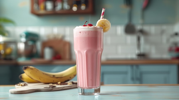 Hintergrund einer Küche mit Milkshake und Banane Generative KI