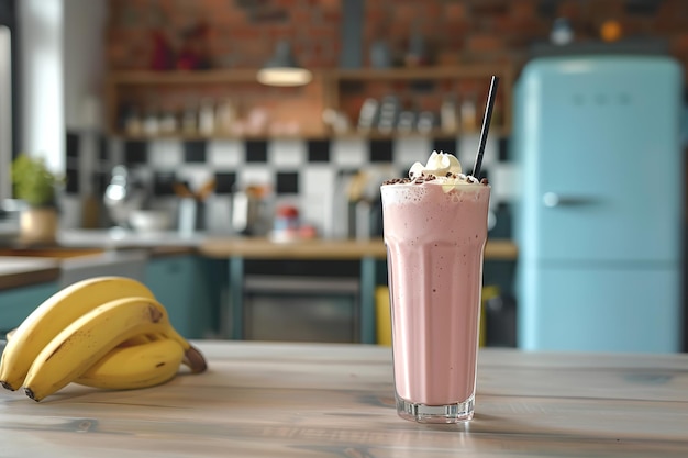 Hintergrund einer Küche mit Milkshake und Banane Generative KI