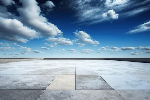 Hintergrund einer Landschaft mit lieblichen Wolken eines blauen Himmels und einem leeren Betonboden