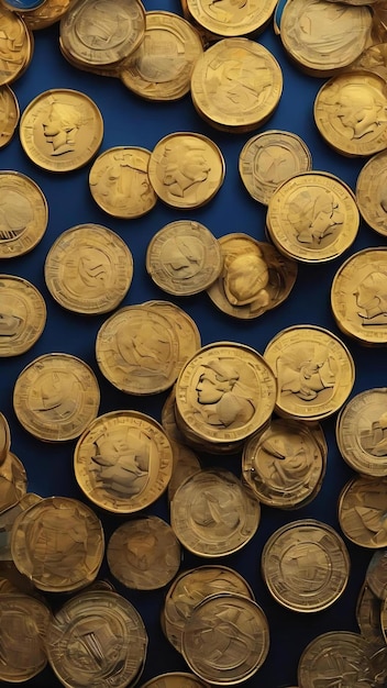 Hintergrund einer Sammlung von Goldmünzen mit blauen und gelben Kreisen