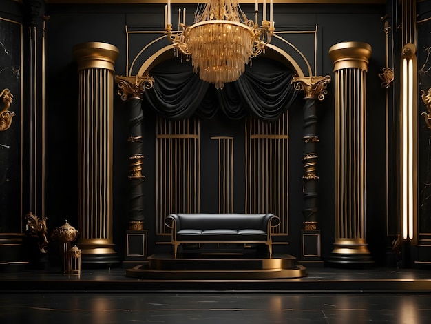 Hintergrund einer schwarzen Wand mit goldenen Elementen und Säulen, die zeitlosen Luxus darstellen