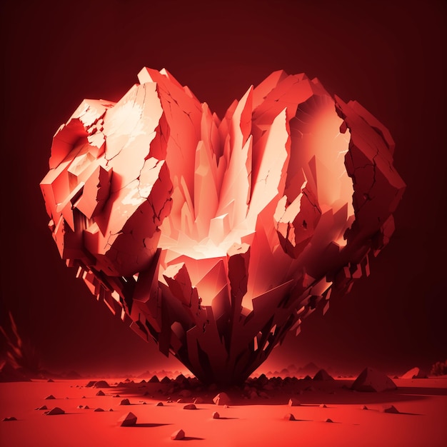 Hintergrund eines abgebrochenen und zerbrochenen Herzens aus rotem Stein auf der Oberfläche und rot schattiertem Hintergrund mit