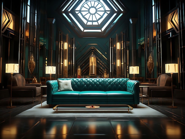 Hintergrund eines Art-Deco-Raums mit geometrischen Mustern, verspiegelten Möbeln aus Chrom für Content Creator Stream