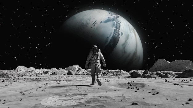 Hintergrund eines Astronauten auf dem Mond, der den Planeten betrachtet