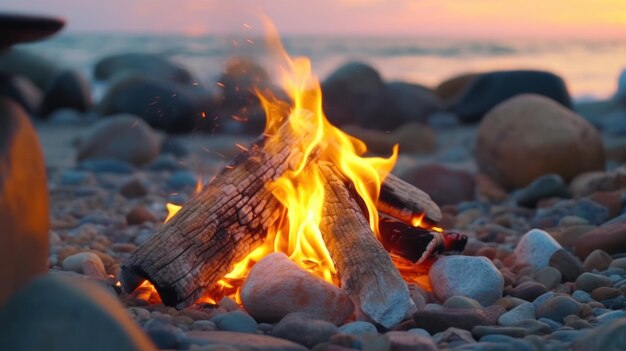 Hintergrund eines brennenden Lagerfeuers mit großen Steinen auf dem