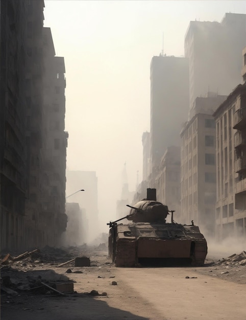 Hintergrund eines gepanzerten Fahrzeugs, das eine Kriegsstadt durchquert
