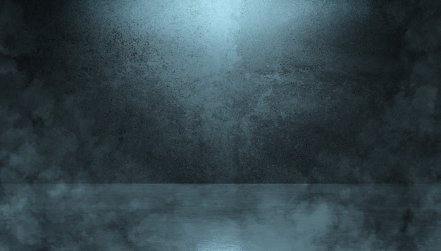Hintergrund eines leeren dunklen Bühnenbildstudios, Rauch, Smog, leere dunkle Szene, Betonboden, Innenstruktur für Ausstellungsprodukte
