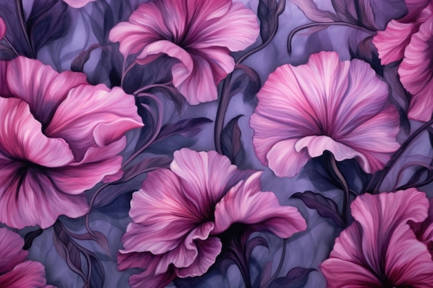 Hintergrund eines nahtlosen Blumenmusters in Violett, Rot, Rosa, Lila und Schwarz. Generative KI