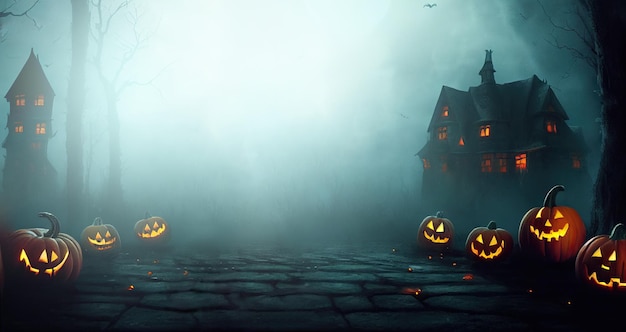 Hintergrund für die Halloween-Nacht mit einem Herrenhaus in einem unheimlichen Nebel