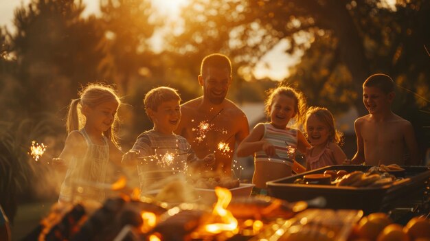 Hintergrund für Familie und Freunde, die sich an Funkeln und Barbecue erfreuen