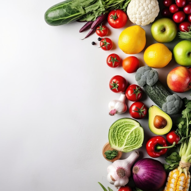 Hintergrund für gesunde Ernährung Lebensmittelfotografie von Obst und Gemüse auf weißem Tisch Generative KI