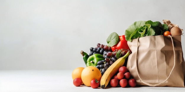 Hintergrund für gesunde Lebensmittel Gesundes veganes vegetarisches Essen in Papiertüten Gemüse und Obst auf weißem Kopierraumbanner Einkaufen im Lebensmittelsupermarkt und sauberes veganes Essenskonzept