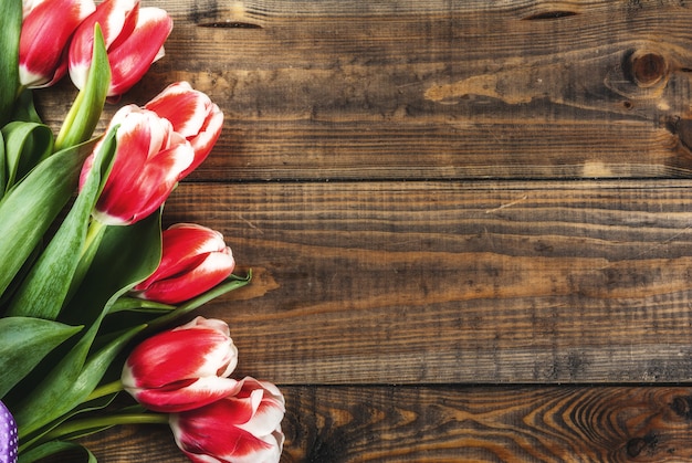 Hintergrund für Glückwünsche, Grußkarten. Frische Frühlingstulpenblumen, auf einer Draufsicht des hölzernen Hintergrundes