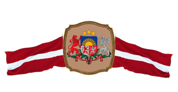 Hintergrund für Redakteure und Designer Nationalfeiertag 3D-Darstellung Flagge und das Wappen Lettlands