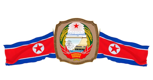 Hintergrund für Redakteure und Designer Nationalfeiertag 3D-Darstellung Flagge und das Wappen Nordkoreas