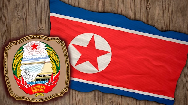 Hintergrund für Redakteure und Designer Nationalfeiertag 3D-Darstellung Flagge und das Wappen Nordkoreas