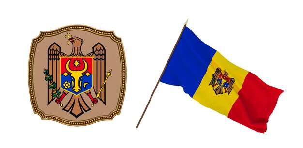 Hintergrund für Redakteure und Designer Nationalfeiertag 3D-Darstellung Flagge und Wappen der Republik Moldau