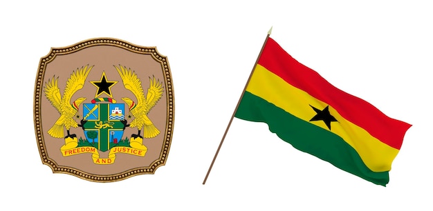 Hintergrund für Redakteure und Designer Nationalfeiertag 3D-Darstellung Flagge und Wappen von Ghana