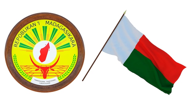 Hintergrund für Redakteure und Designer Nationalfeiertag 3D-Illustration Flagge und das Wappen von Madagaskar