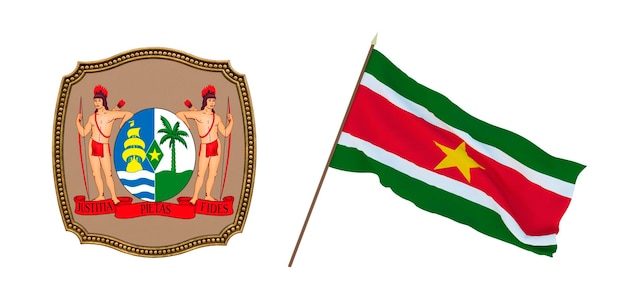 Hintergrund für Redakteure und Designer Nationalfeiertag 3D-Illustration Flagge und Wappen von Suriname
