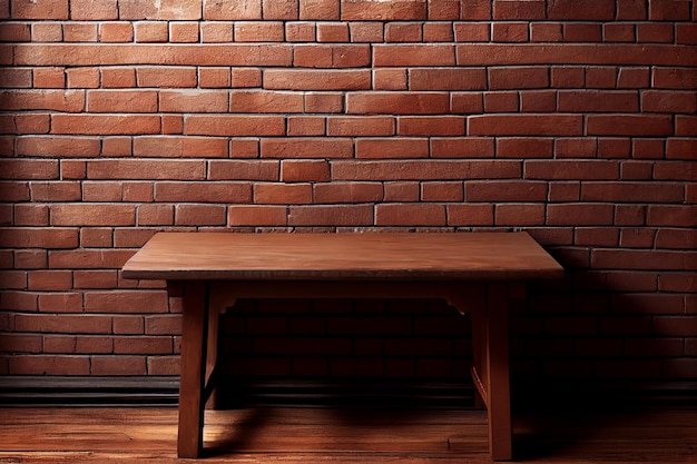 Hintergrund für Stillleben und andere Kompositionen ein leerer rustikaler brauner Holztisch an einer Ziegelwand Generative KI