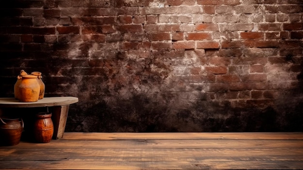 Hintergrund für Stillleben und andere Kompositionen: ein leerer rustikaler brauner Holztisch vor einer Ziegelwand. Generative KI