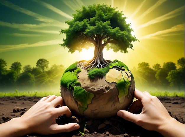 Hintergrund grün wachsender Baum Erdtag grüner Öko-Baum Erde Hintergrund Erde in der Hand
