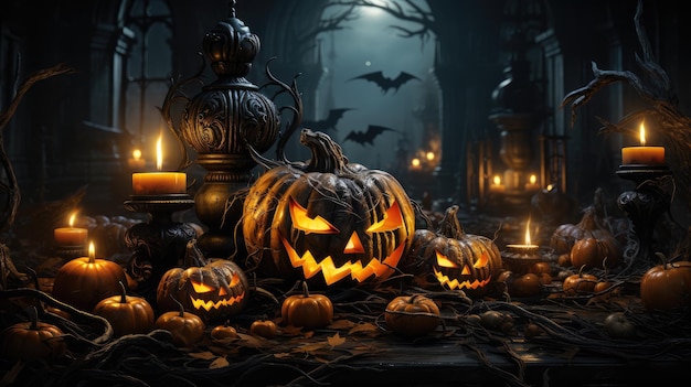 Hintergrund gruselige Halloween-Kürbisse mit orangefarbenen Lichtern