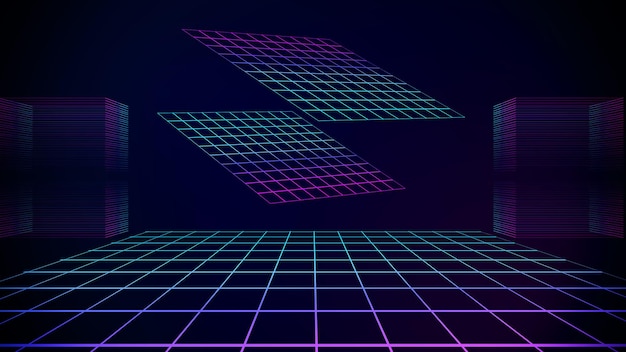 Hintergrund im Retro-Stil Futuristische Gitterlandschaft der 80er Jahre