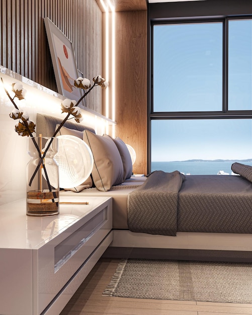 Hintergrund Luxuriöses Schlafzimmer mit maßgeschneiderten und entworfenen Möbeln für Wohnungen und Hotels