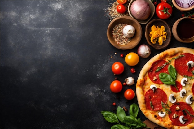 Hintergrund Margarita Fast-Food-Italienische Mahlzeit Tomaten Pizza Weltraum Käse schwarze Kopie Lebensmittel Generative KI