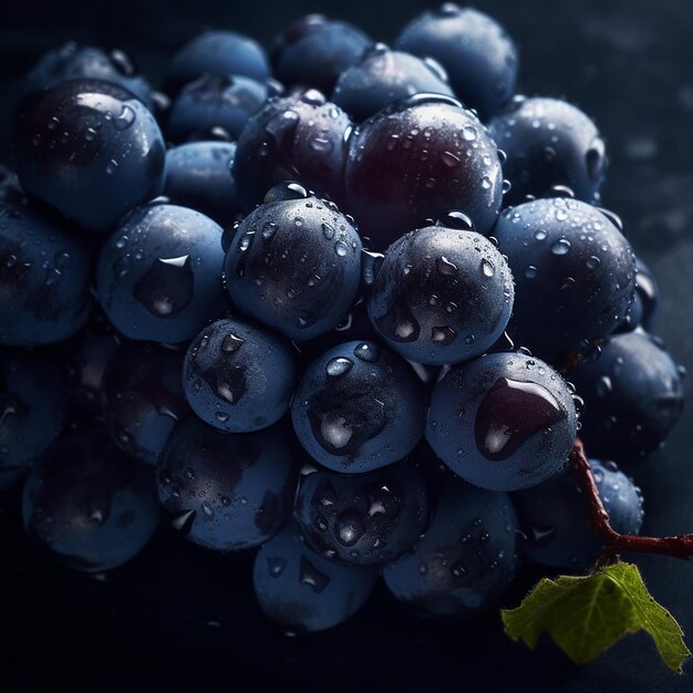 Hintergrund mit blauen Trauben, appetitliche frische blaue Weintraube mit Wassertropfen, Beeren in Nahaufnahme