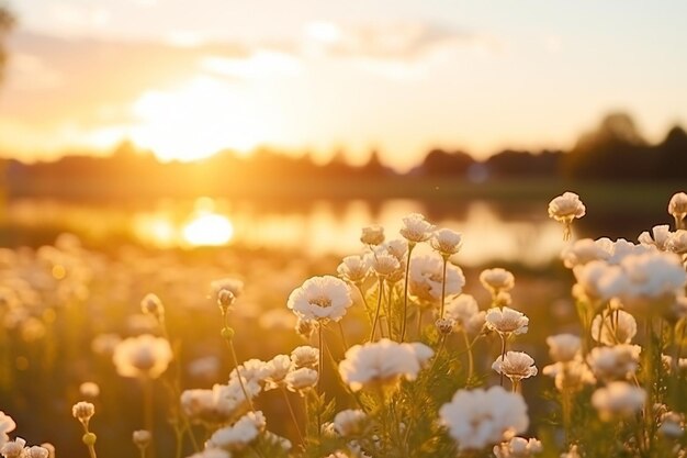 Hintergrund mit Blumenfeldschatten während der goldenen Stunde