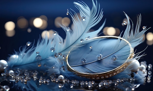 Hintergrund mit Dekofedern und Perlen in Blau. Selektiver Weichzeichner