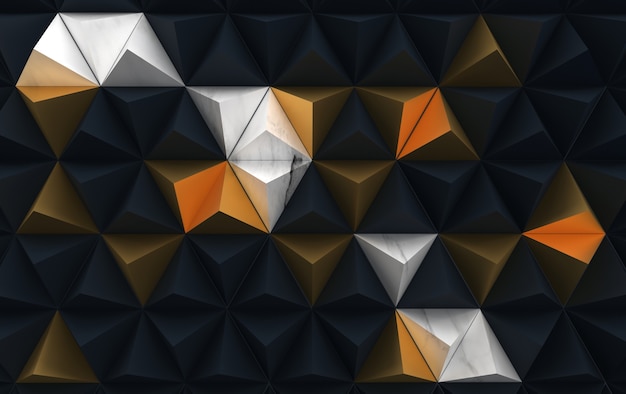 Hintergrund mit dreieckigen geometrischen Formen, Pyramiden in dunklen Schattierungen mit Goldakzenten, 3D-Render