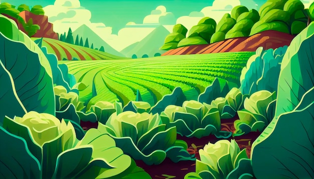 Hintergrund mit einem Feld von Salatplantagen Anbau und Ernte von Salat Gesundes Naturkost- und Gemüsehintergrundkonzept Generative KI
