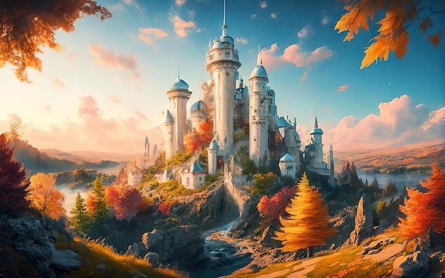 Hintergrund mit einem weißen Schloss farbenfrohe Herbst Ahornblätter Bäume