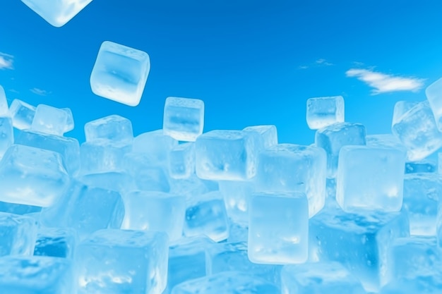 Hintergrund mit Eiswürfelmuster mit verschwommenem blauen Himmel und Wolken Wintertapeten Sommerbanner