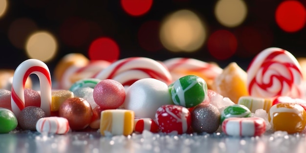 Foto hintergrund mit farbigen bonbons und gummibärchen für web-banner ai generiert