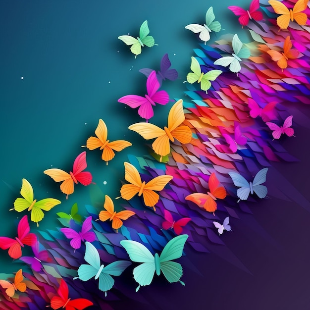 Hintergrund mit fliegenden Schmetterlingen im Papierstil Generative KI