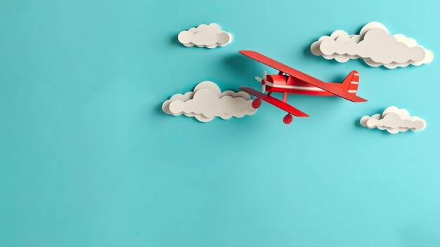 Hintergrund mit Flugzeug und Wolken. Papierschnitt-Stil. Platz für Text. Generative KI