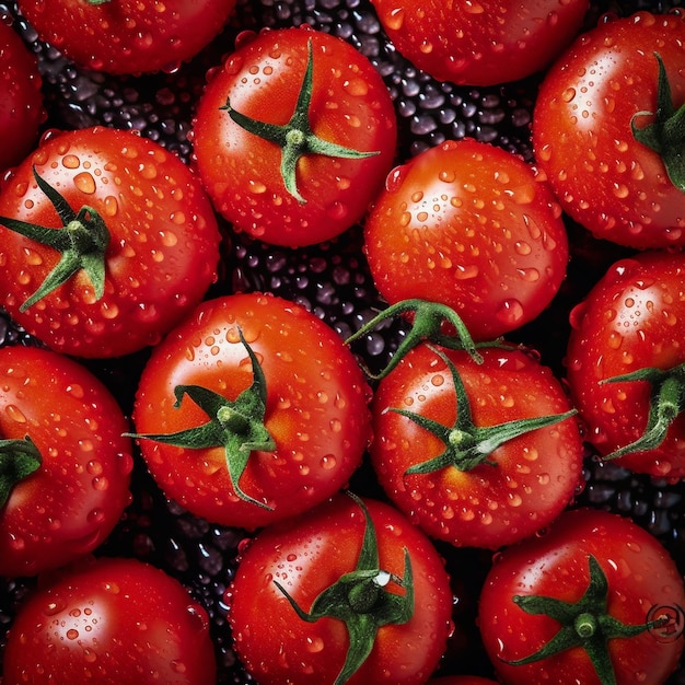 Foto hintergrund mit frischen tomaten, geschmückt mit kleinen glitzernden wassertropfen, ansicht von oben nach unten