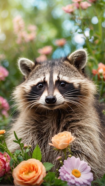 Foto hintergrund mit fröhlichem lustigem waschbären auf blumigem hintergrund