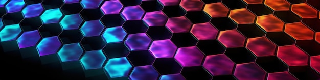 Hintergrund mit geometrischen Mustern degradiert Neonlicht, Bienenstock, schwarzer Hintergrund, generative KI