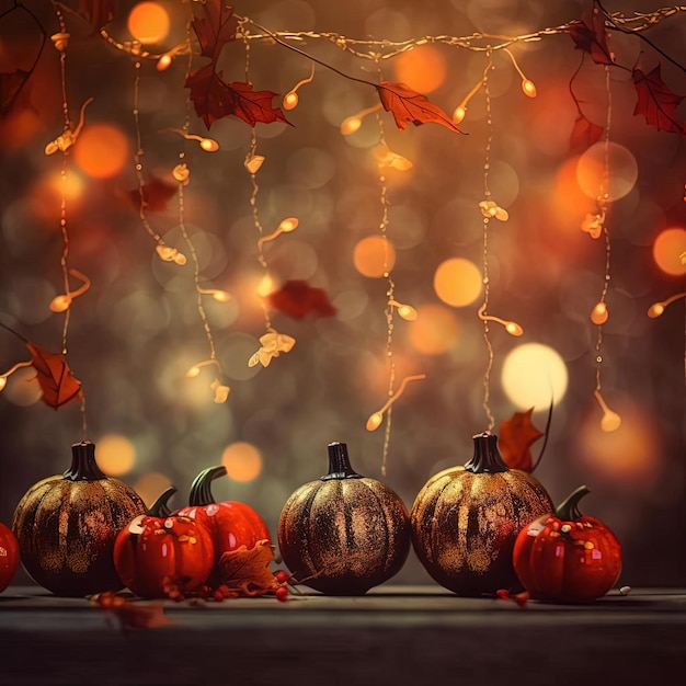 Hintergrund mit Girlande mit bunten Herbstblättern und leuchtend orangefarbenen Kürbissen
