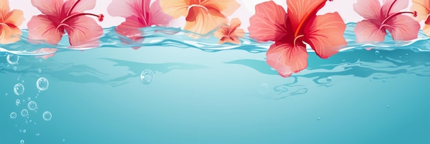 Hintergrund mit Hibiscus und Plumeria Blüten, die im Wasser schwimmen, für Banner, Karten, Flyer, Social-Media-Wallpaper