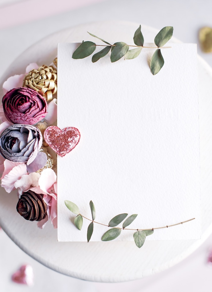 Foto hintergrund mit kopienraum leer auf weißem tisch mit glitzerherz, eukalyptuszweig, blumen und blättern. weißbuch-draufsicht, flache lage, minimaler stil. moke-up-karte.