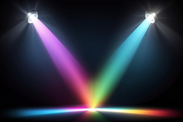Hintergrund mit Lichtstrahlen von den farbigen Spotlights Helle Beleuchtung mit farbigen spotlights