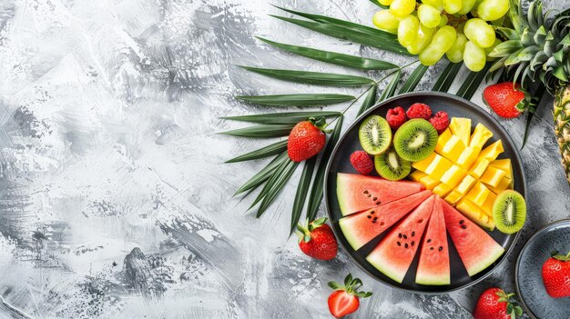 Hintergrund mit Obstplatte Scheiben Kiwi Wassermelone Erdbeeren Ananas